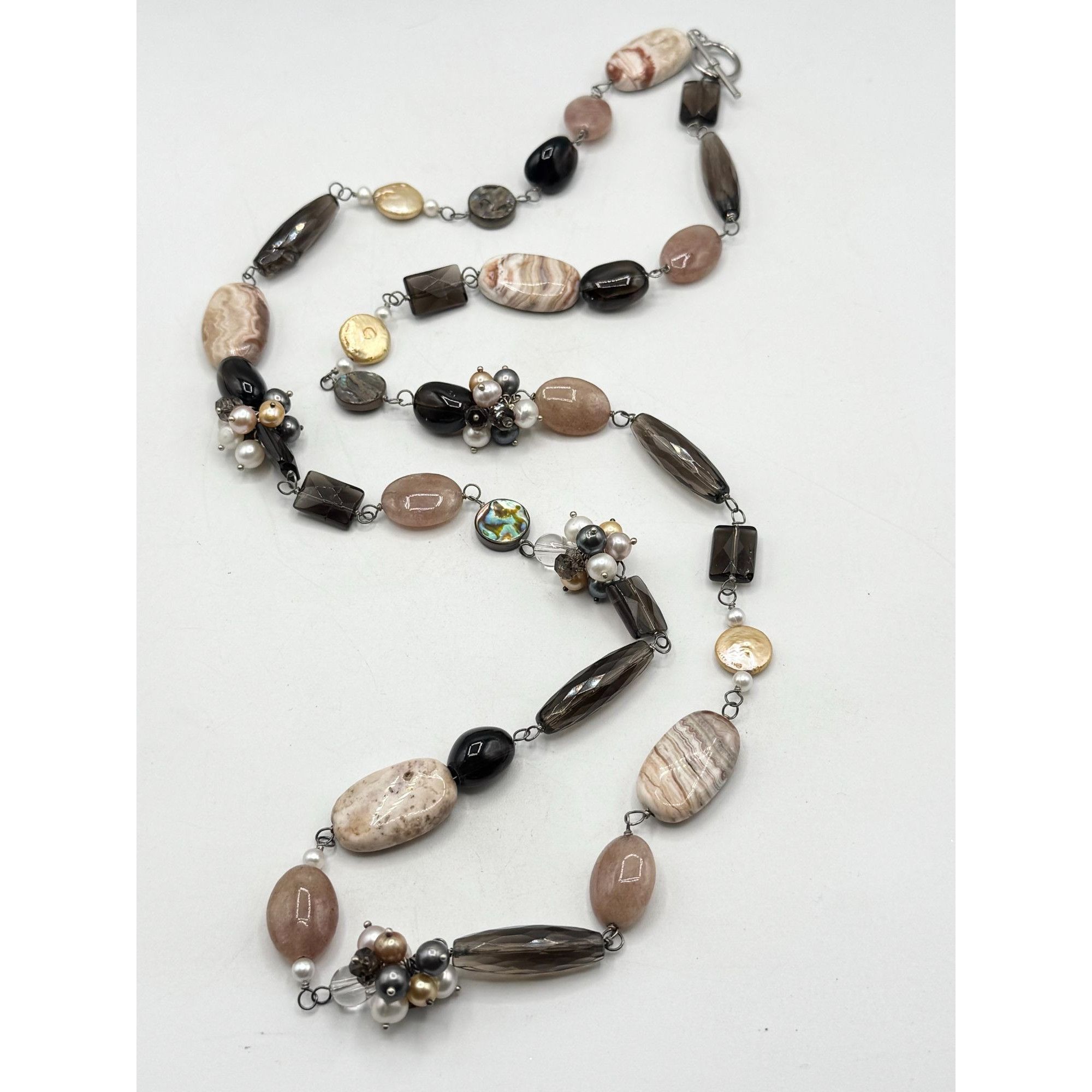 Vintage Genuine Pearl Agate Smokey Quartz Abalone Shell & MOP Long B Size ONE SIZE - 1 Thumbnail