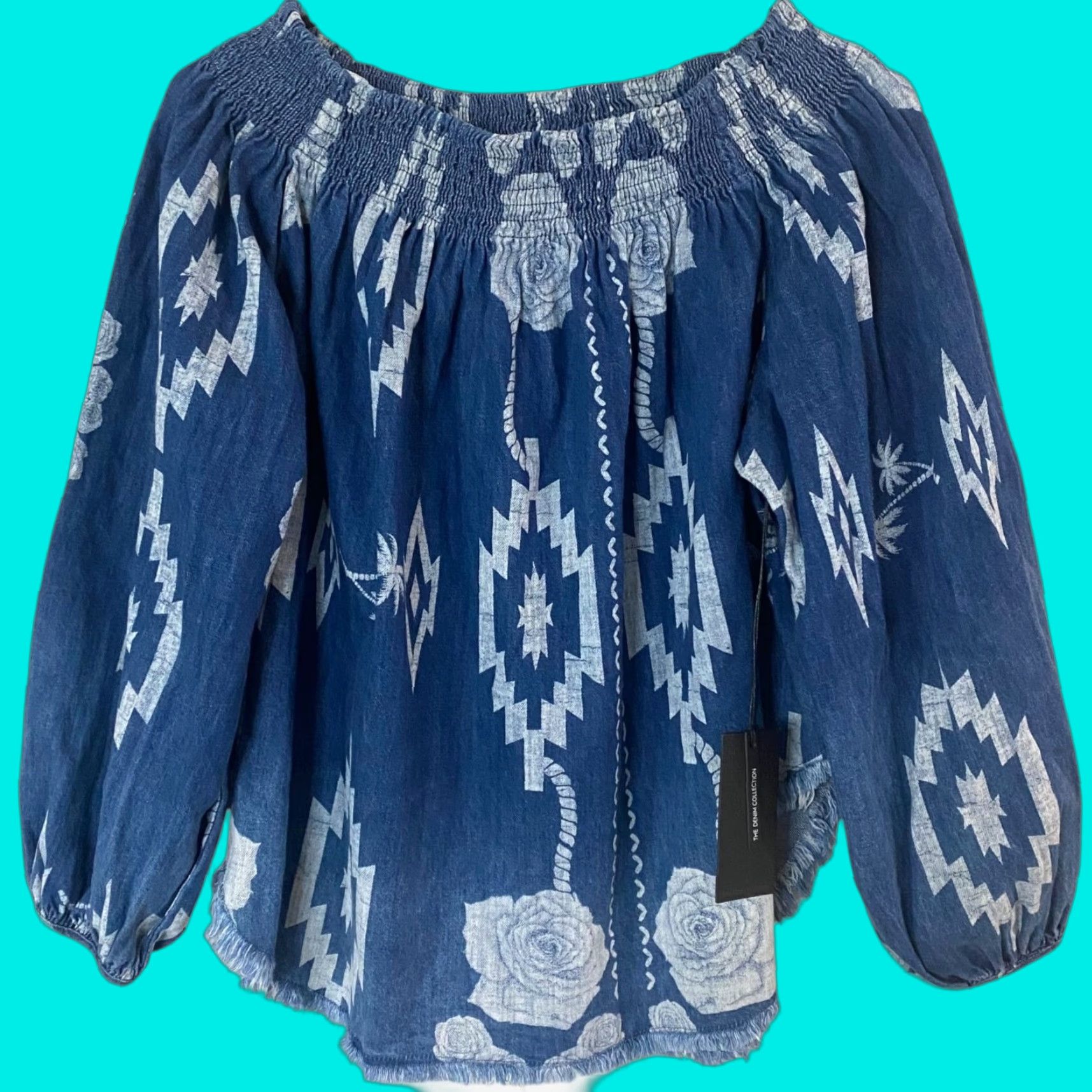 Vintage VINTAGE One Teaspoon Denim Blouse Women Medium Off-The-Shoulder Aztec Floral Bohemian Festival Size M / US 6-8 / IT 42-44 - 1 Thumbnail