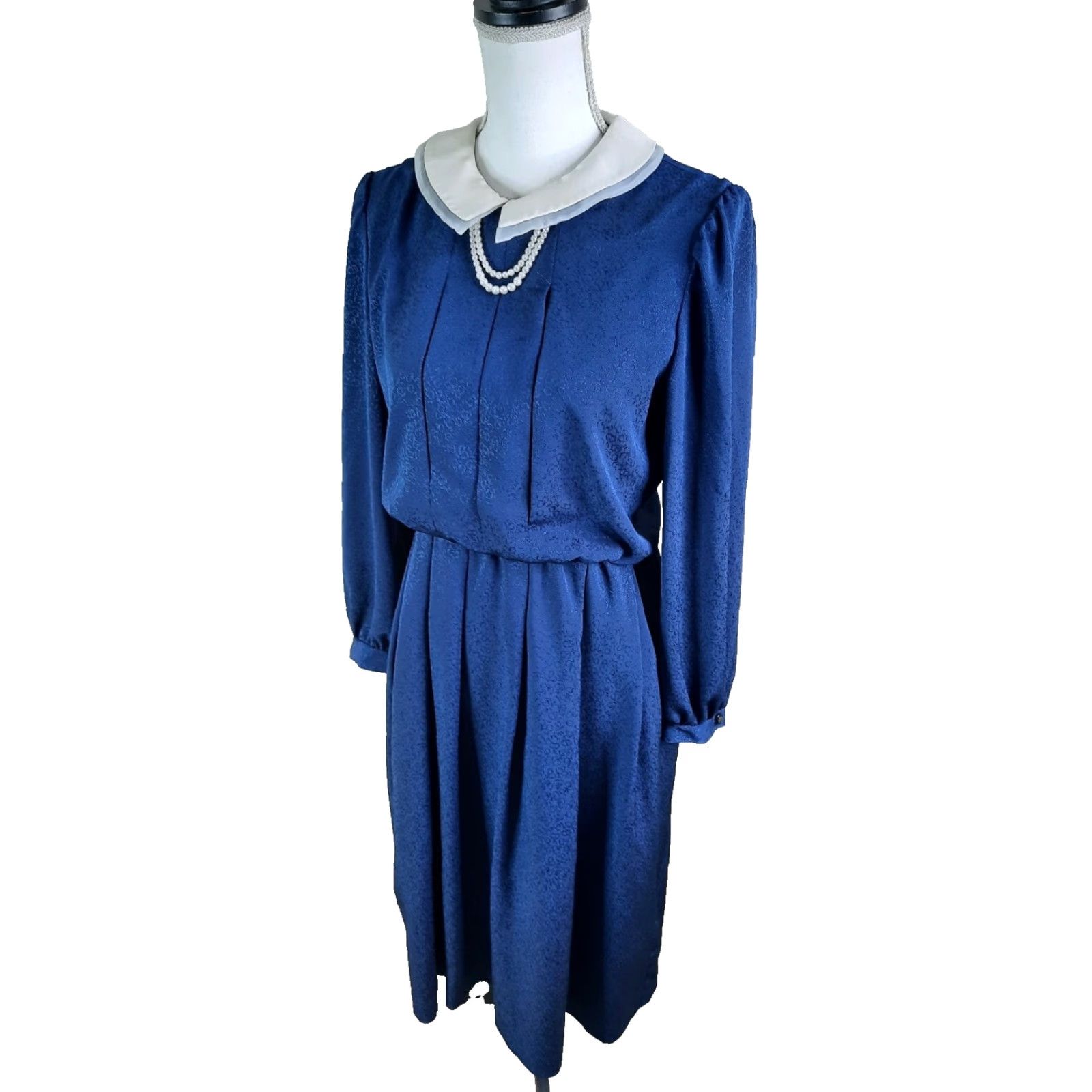 Vintage VINTAGE Marie Claire Womens Satin A-Line Flare Shirt Dress Blue 90s Midi Party/Cocktail Floral Silk? Size M / US 6-8 / IT 42-44 - 4 Thumbnail