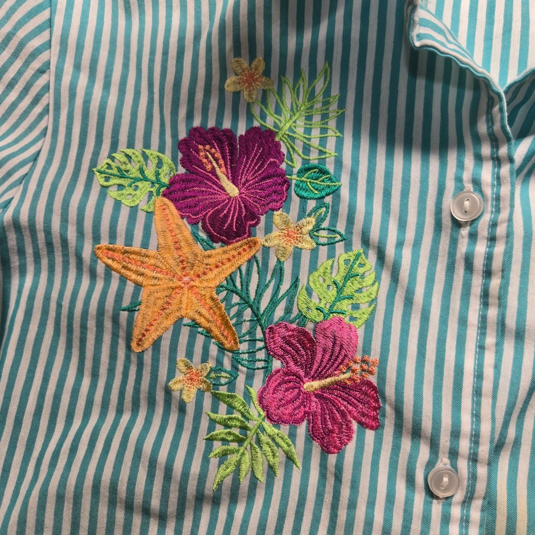 Blair VINTAGE Blair Floral Blue Striped Cotton Button-Up Shirt Women L Summer Spring Fall Embroidered Size L / US 10 / IT 46 - 3 Thumbnail