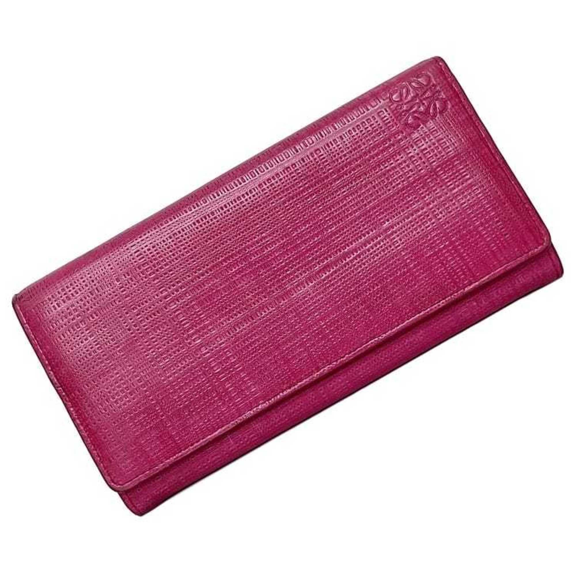 image of Loewe Bi-Fold Long Wallet Pink Linen Anagram Leather Flap Embossed Grain Ladies in Black, Women's