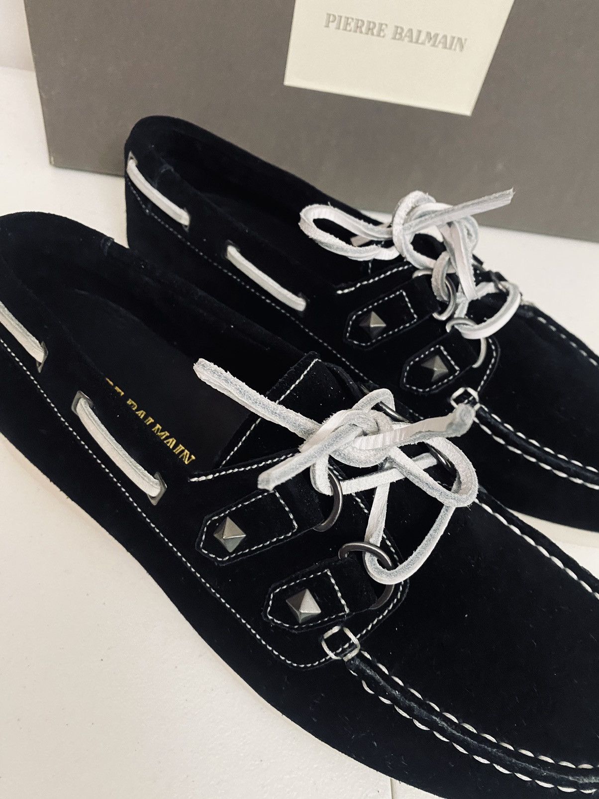 Pierre Balmain Balmain Black Suede Medal Dual Stud Contrast Boatshoe 40 New Size US 9 / IT 39 - 3 Thumbnail