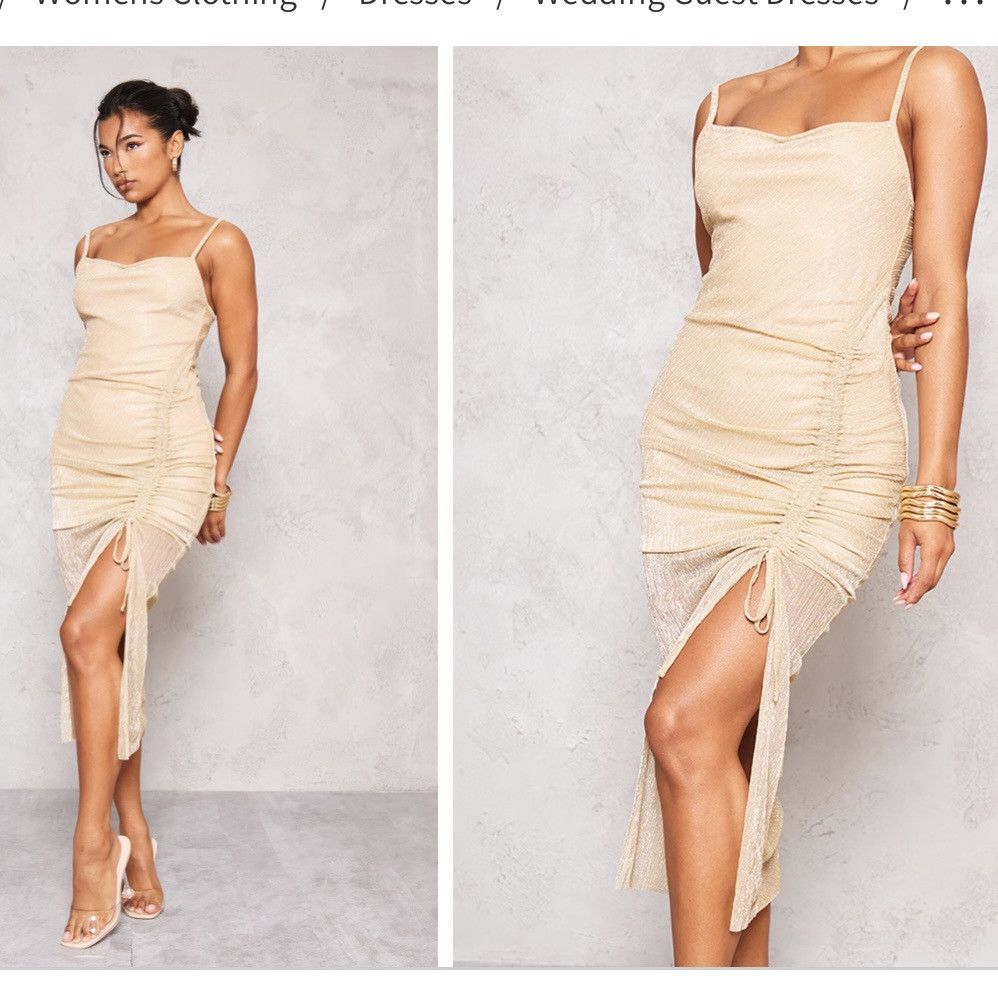 PrettyLittleThing NWT PrettyLittleThing Gold Glitter Midi Party Dress Small 4 Size S / US 4 / IT 40 - 2 Thumbnail