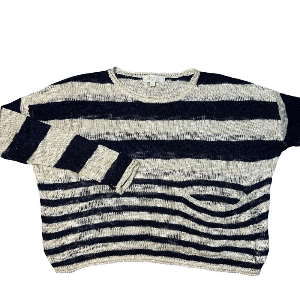 Anthropologie Olive & Oak Ivory Navy Stripes Long Sleeve Crop Sweater Siz Size S / US 4 / IT 40 - 2 Thumbnail