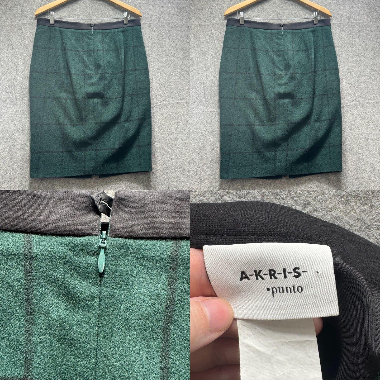 Vintage Akris Punto Skirt Womens 10 Green Check Wool Zip Front Pencil Knee Length Lined Size 32" / US 10 / IT 46 - 8 Thumbnail
