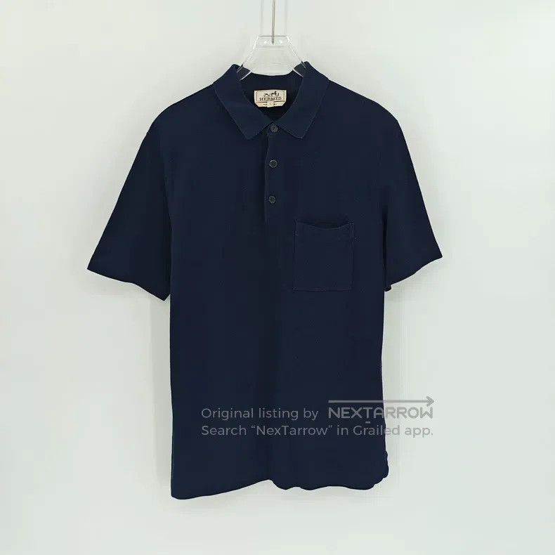 Hermes Hermes Navy blue chest pocket embroidered polo shirt Size US L / EU 52-54 / 3 - 1 Thumbnail