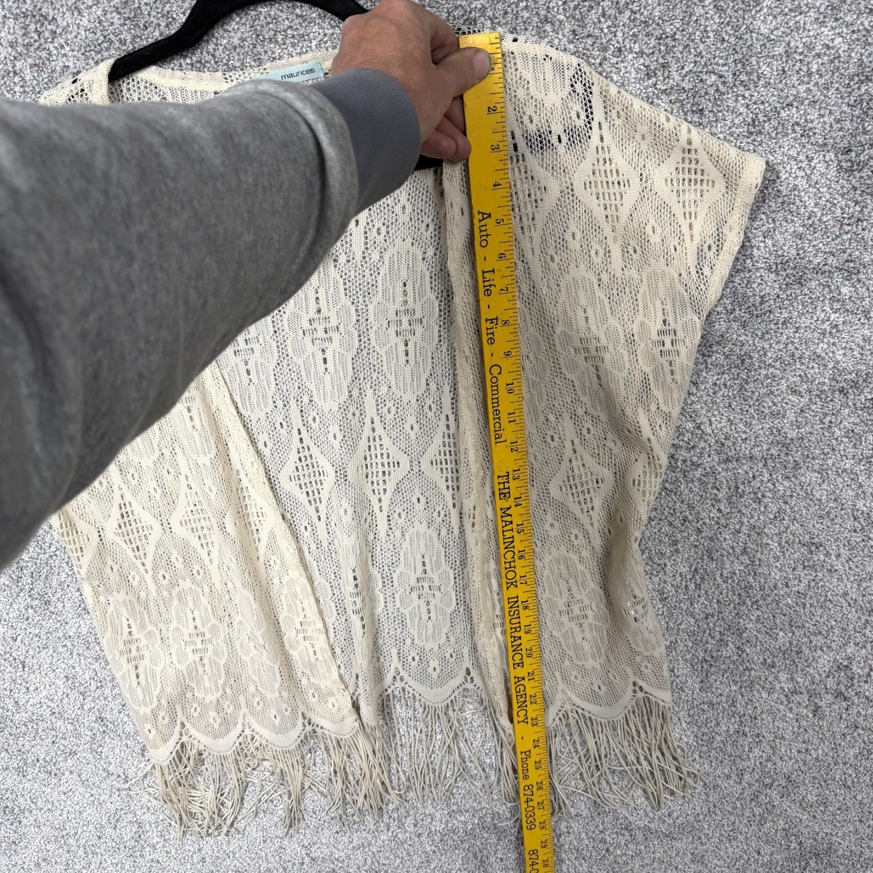 Vintage Maurices Cardigan S/M Cream Crochet Lace Fringe Kimono Sleeve Open Front Boho Festival Hippie Chic Women Shirt Sweater Geometric Pattern Size S / US 4 / IT 40 - 4 Thumbnail