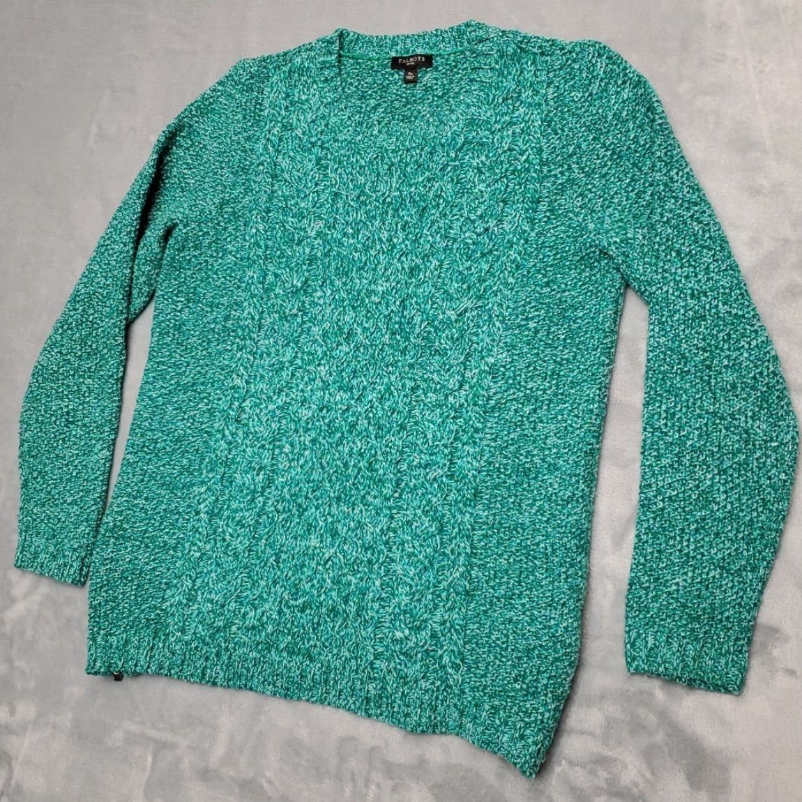 Talbots VINTAGE Talbots Sweater Womens PS Green Merino Wool Blend Cable Knit Side Zip Pullover Crew Neck Long Sleeve Solid 90s Womens Size S / US 4 / IT 40 - 4 Thumbnail