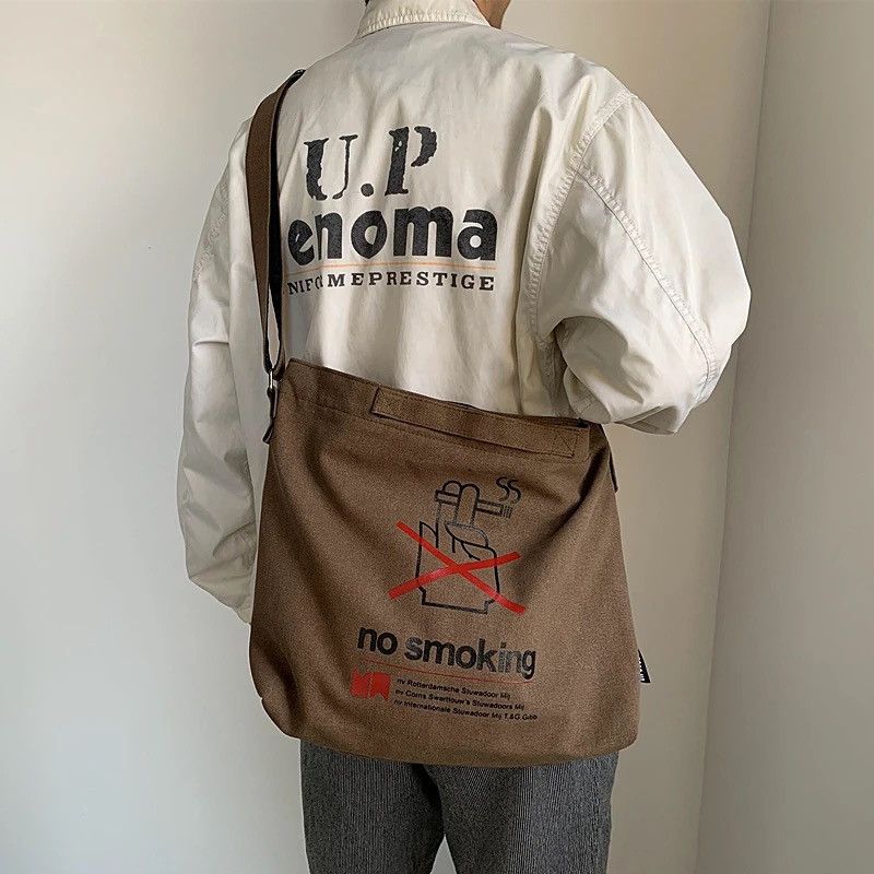 Graphic Print Canvas Shoulder Bag Messenger Bag Y2K in Brown, Men's