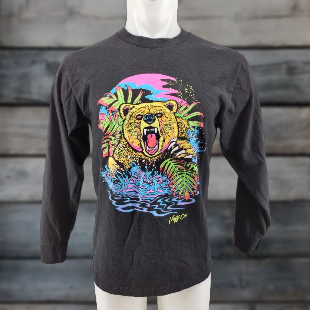 Vintage Neff Mens Long sleeve Shirt Black Size Medium Neon Bear Shirt Men Knit Cotton Logo Print T-Shirt Solid Size US M / EU 48-50 / 2 - 1 Thumbnail