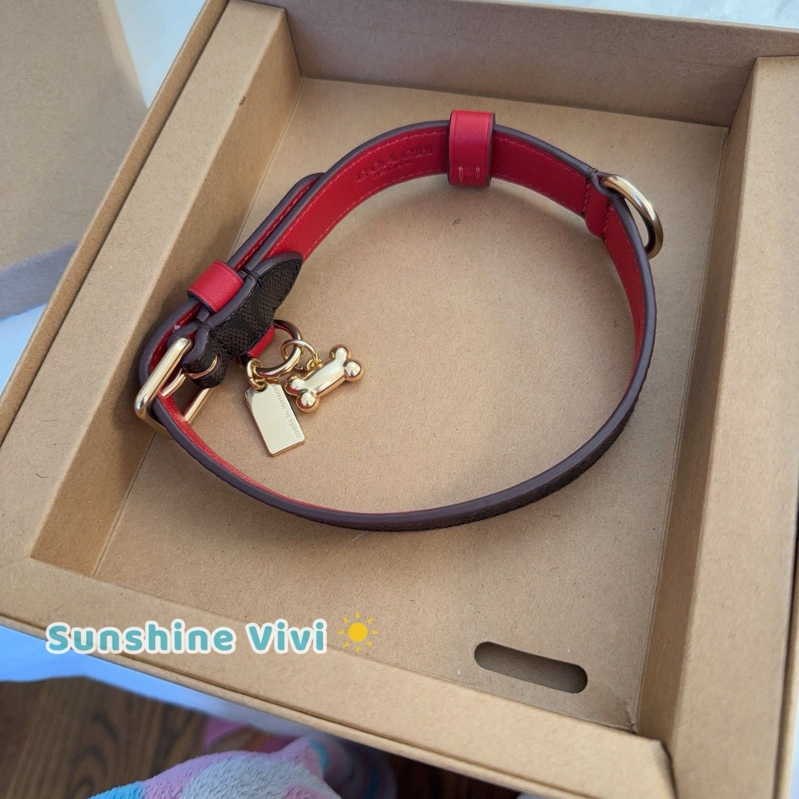 Coach NWT Coach Boxed Medium Pet Collar CX157 Gold/Walnut/Bold Red Size ONE SIZE - 3 Thumbnail