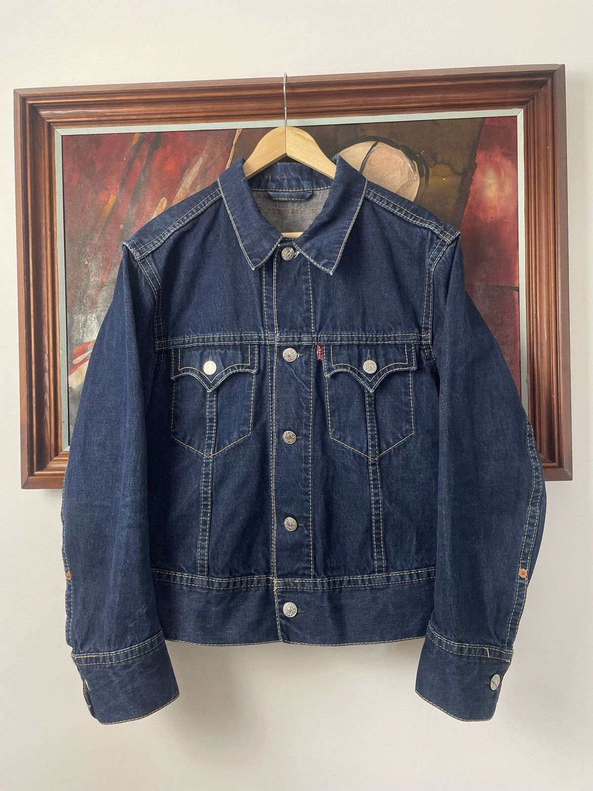 image of Vintage Trucker Denim Jacket Western Cowboy Vibe in Blue Jeans, Men's (Size Large)