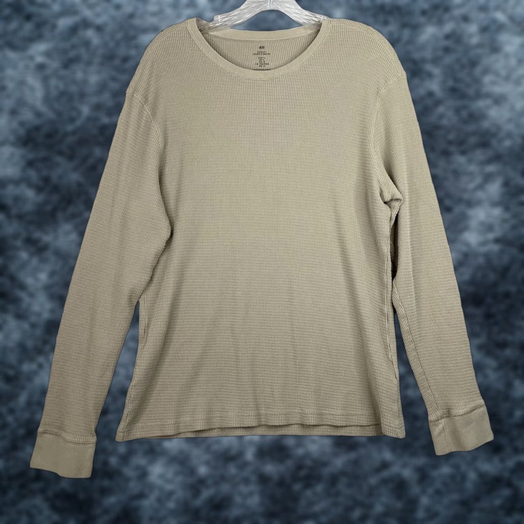 H&M H&M Mens Shirt L Slim Tan Crew Neck Thermal Waffle Knit Long Sleeve Knit Basic Classic 60s 70s 80s 90s College Preppy School Essentials Mens Size US L / EU 52-54 / 3 - 1 Thumbnail