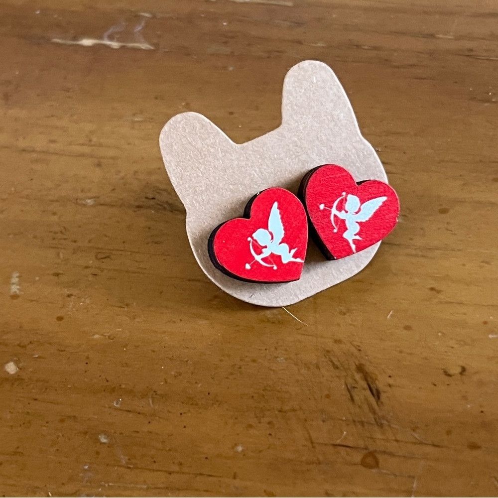 Human Made Handmade Cupid Red Love Heart Stud Wood Earrings Red White Size ONE SIZE - 5 Thumbnail
