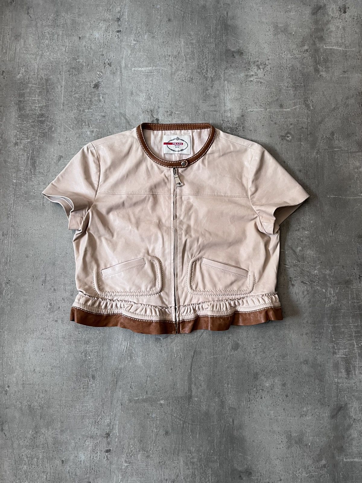 Prada Prada beige brown short leather crop jacket Size L / US 10 / IT 46 - 1 Thumbnail
