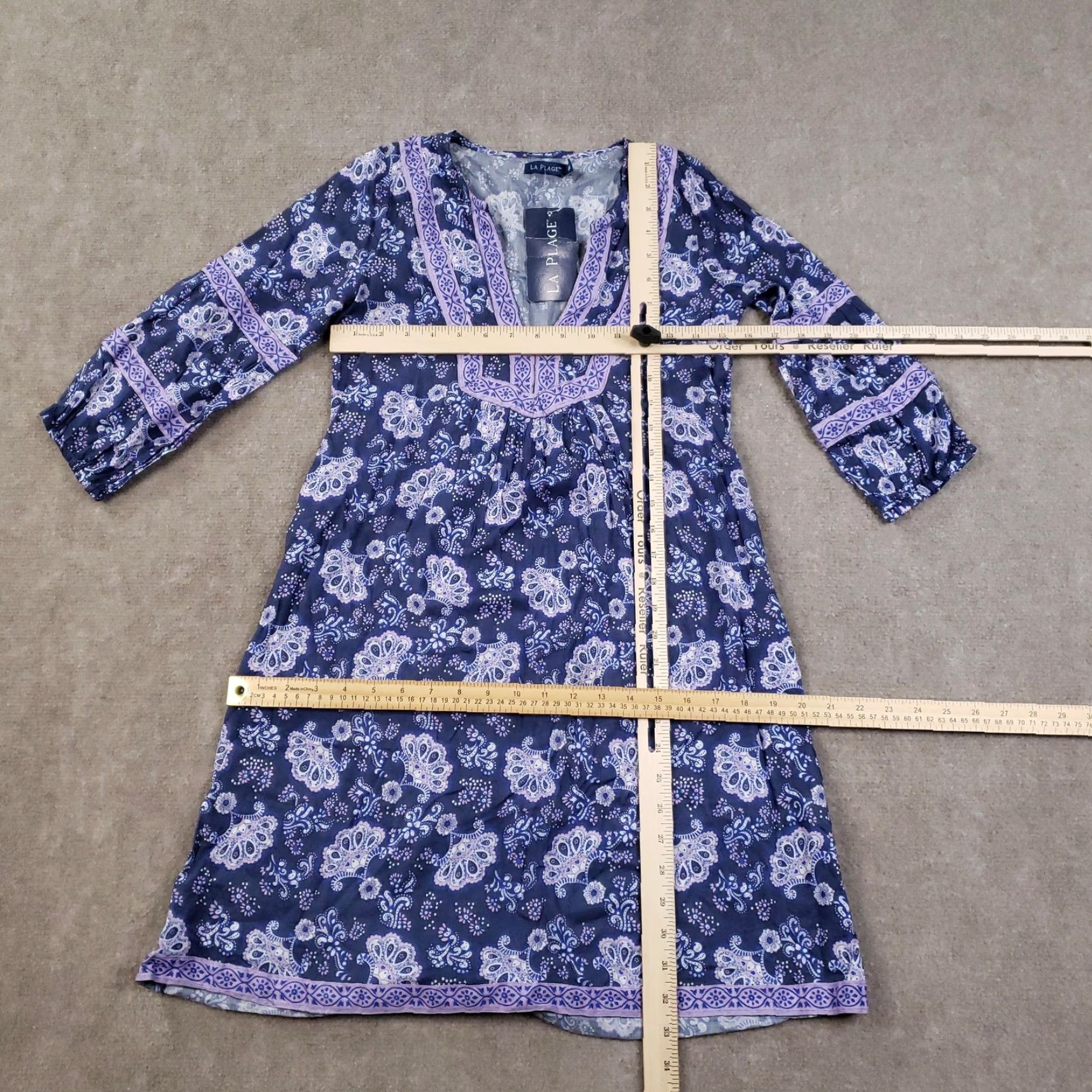 Vintage VINTAGE La Plage Jordan Tunic Dress Womens 2XS Blue Floral 3/4 Sleeve V-Neck Short Dress Womens XXS Blue Floral 3/4 Sleeve V-Neck Pullover Dress Size XXS / US 00 / IT 34 - 2 Thumbnail
