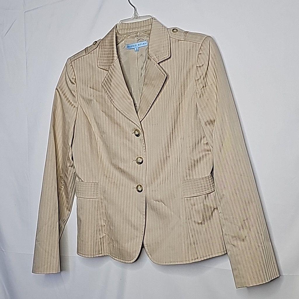 Antonio Melani pinstripe tan 2 pc pants blazer suit set sz 8