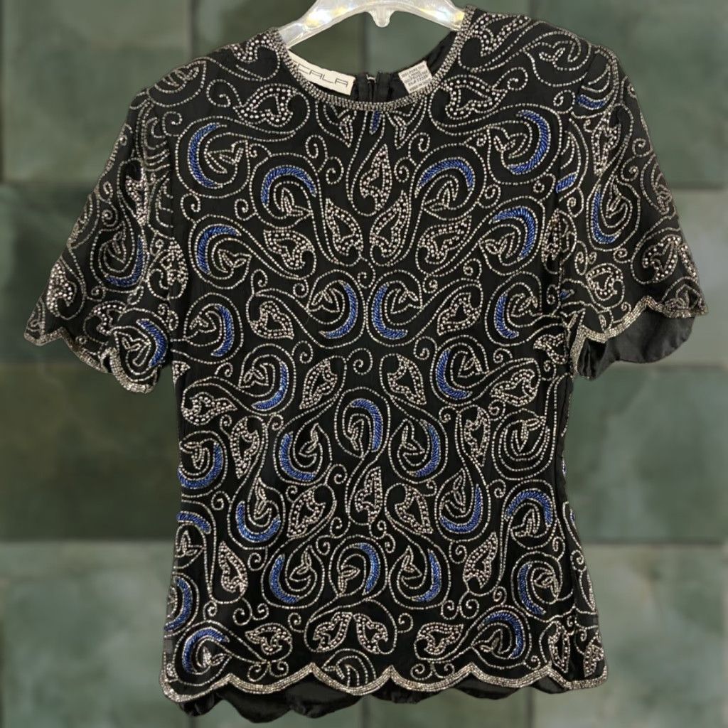Vintage VINTAGE Scala Silk Blouse Large Beaded 80s 90s Eveningwear Cocktail Women's India Embellished Size L / US 10 / IT 46 - 1 Thumbnail