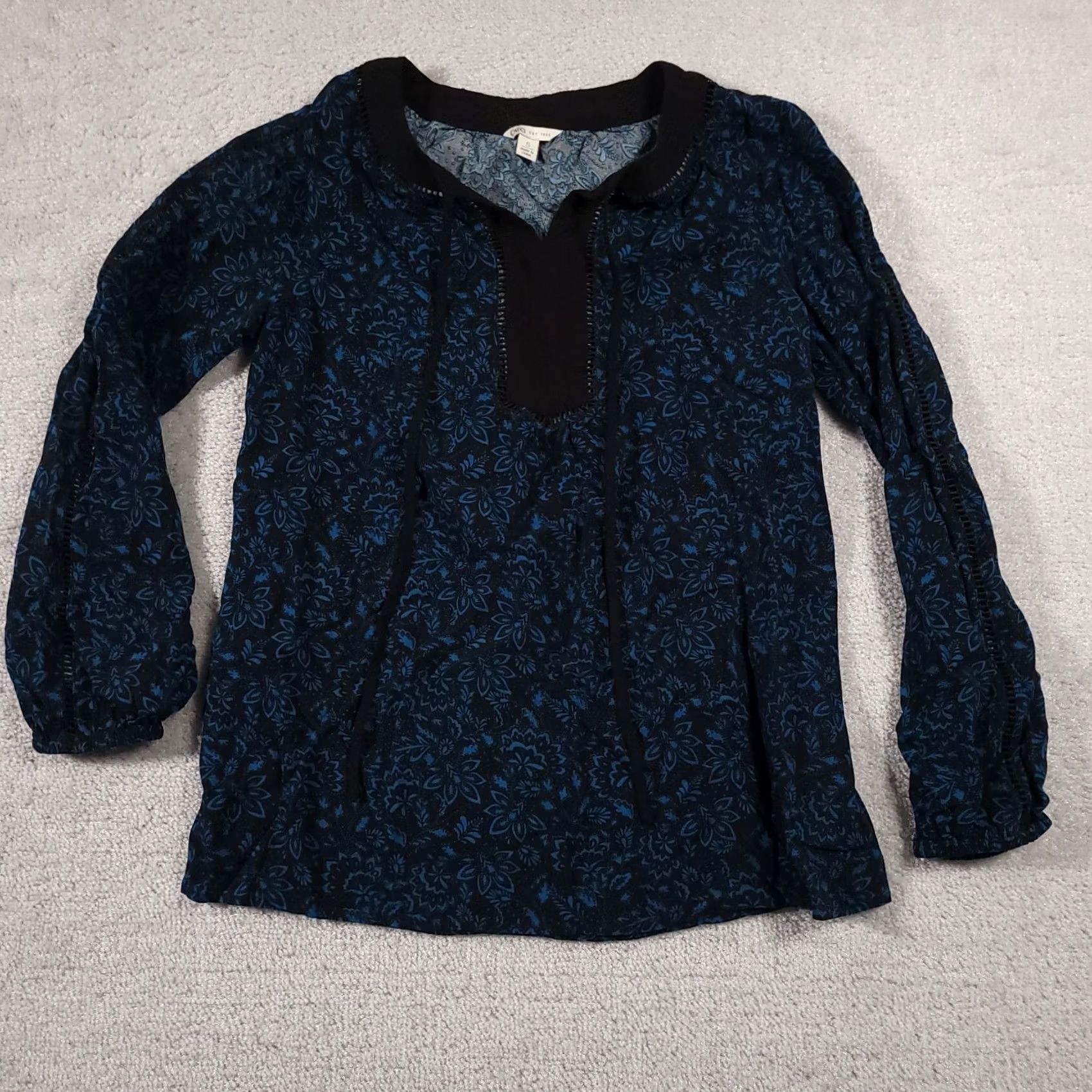 Vintage Cato Shirt Women's Small Blue Floral Long Balloon Sleeve V Neck Tunic Boho Size S / US 4 / IT 40 - 2 Thumbnail