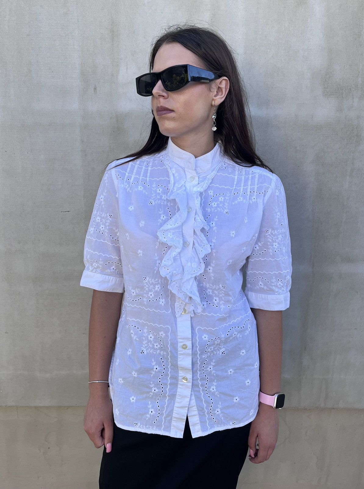 Dolce & Gabbana Dolce & Gabbana White Eyelet Embroidered Blouse Ruffle Front Size M / US 6-8 / IT 42-44 - 1 Thumbnail