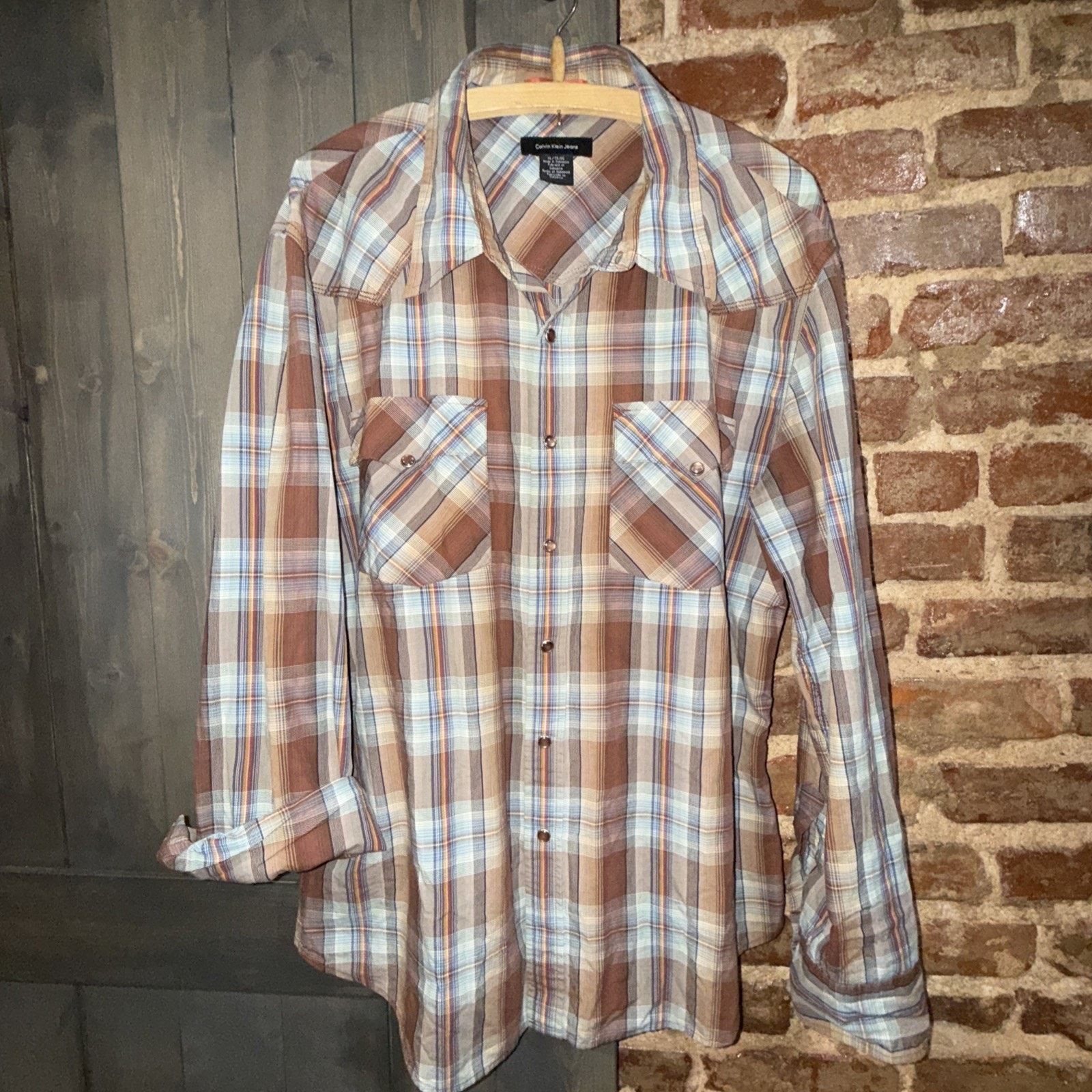 Calvin Klein Calvin Klein Mens XL Brown Plaid Cowboy Rodeo Western Retro Size US XL / EU 56 / 4 - 1 Thumbnail