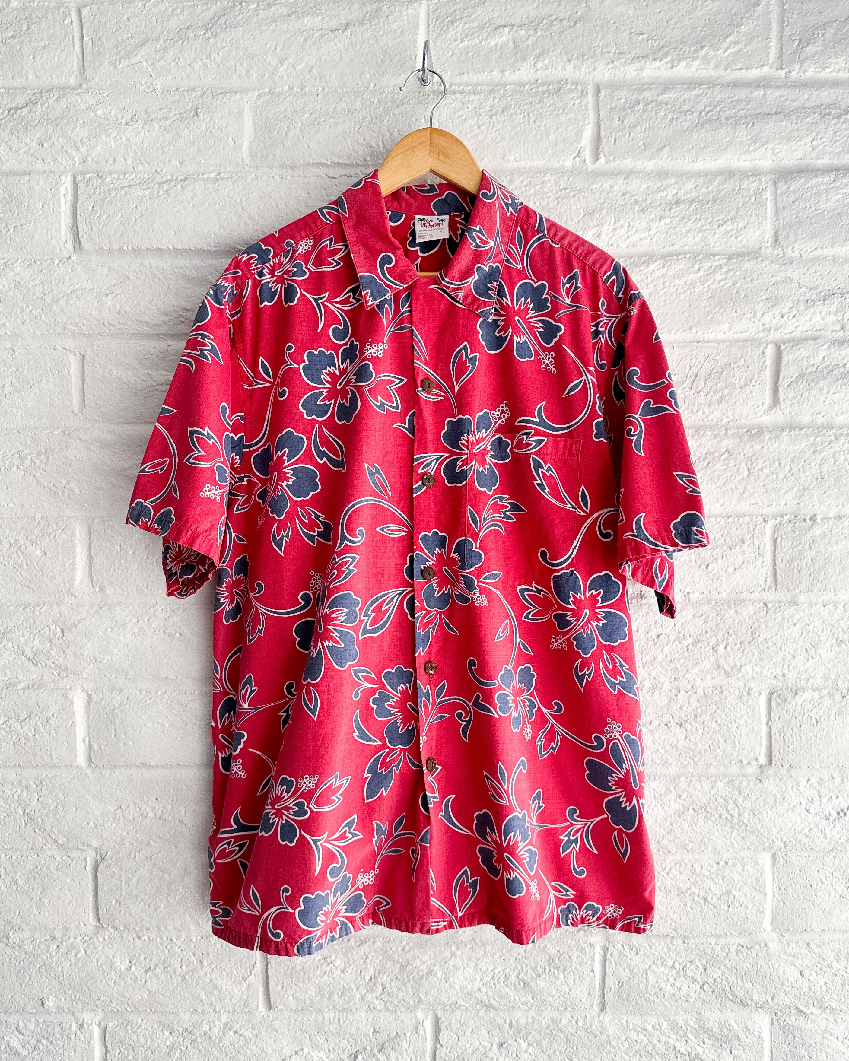 Vintage 90s Go Barefoot Red Floral Hawaiian Shirt Red XL