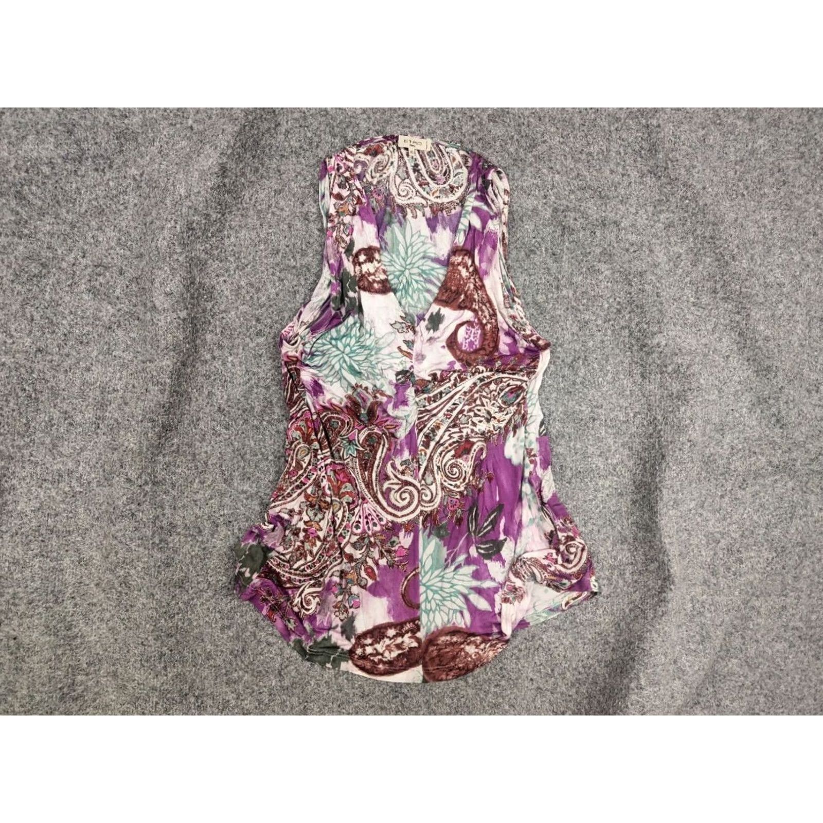 Etro ETRO Blouse Shirt Sleeveless Multicolor Floral Art Design V-Neck Jersey Silk Viscose Women 46 Size L / US 10 / IT 46 - 2 Thumbnail
