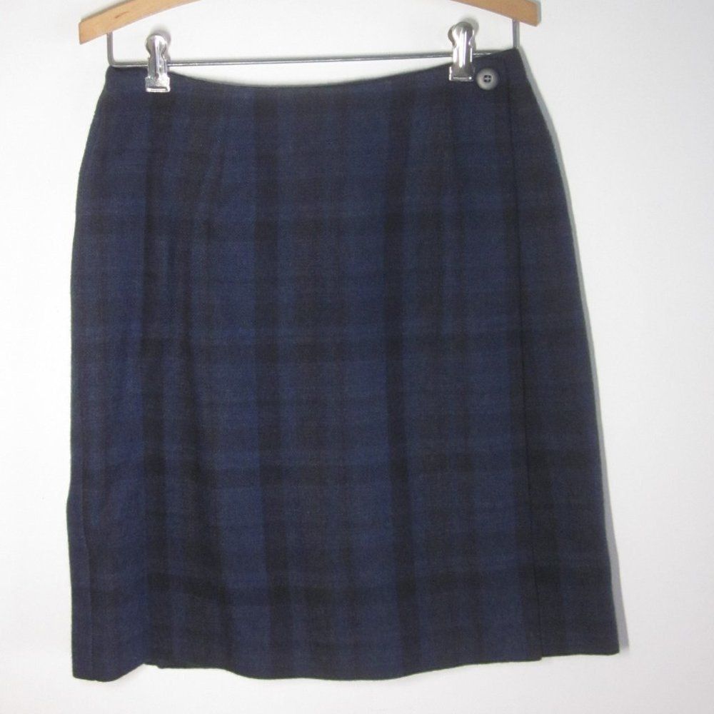 Robert Talbott Talbots Blue Plaid Wool Skirt Womens Size 8 Wrap Style Vintage Skirt Size 30" / US 8 / IT 44 - 4 Thumbnail