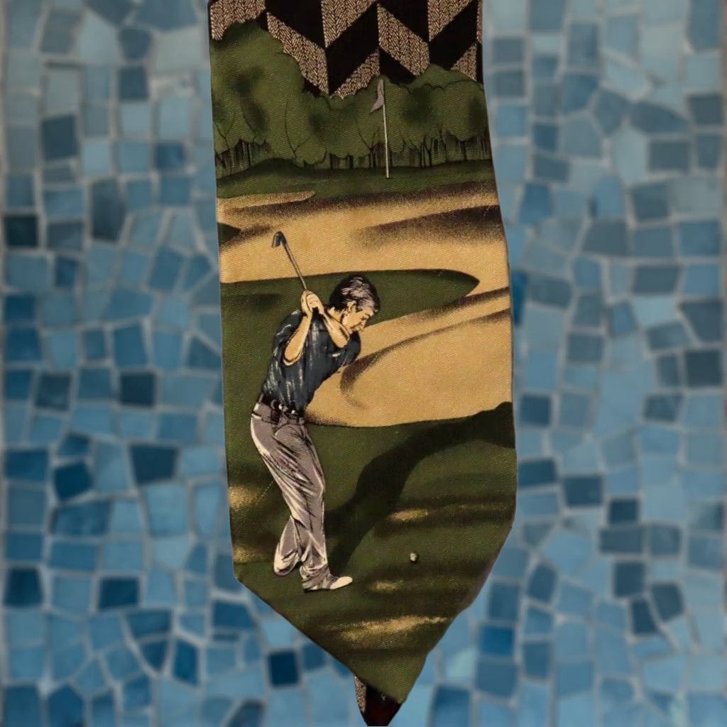 Vintage Pebble Beach Golfer Silk Necktie Black Tan USA Made Mens Tie Golf Size ONE SIZE - 1 Thumbnail