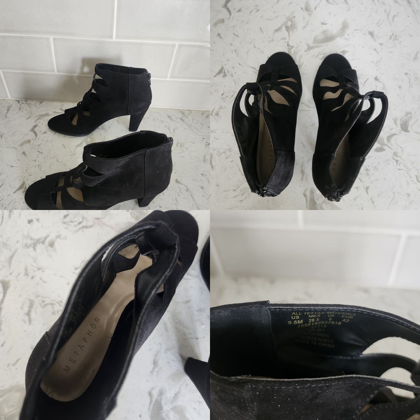 Vintage Metaphor Black Suede Heels Open Toe Peep Toe Cut Out Ankle Boot Sz 9.5M Womens Heel Block Zip Size US 10 / IT 40 - 8 Thumbnail