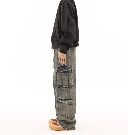 Jean Retro distressed washed yellow mud-dyed multi-pocket jeans Size US 32 / EU 48 - 4 Thumbnail