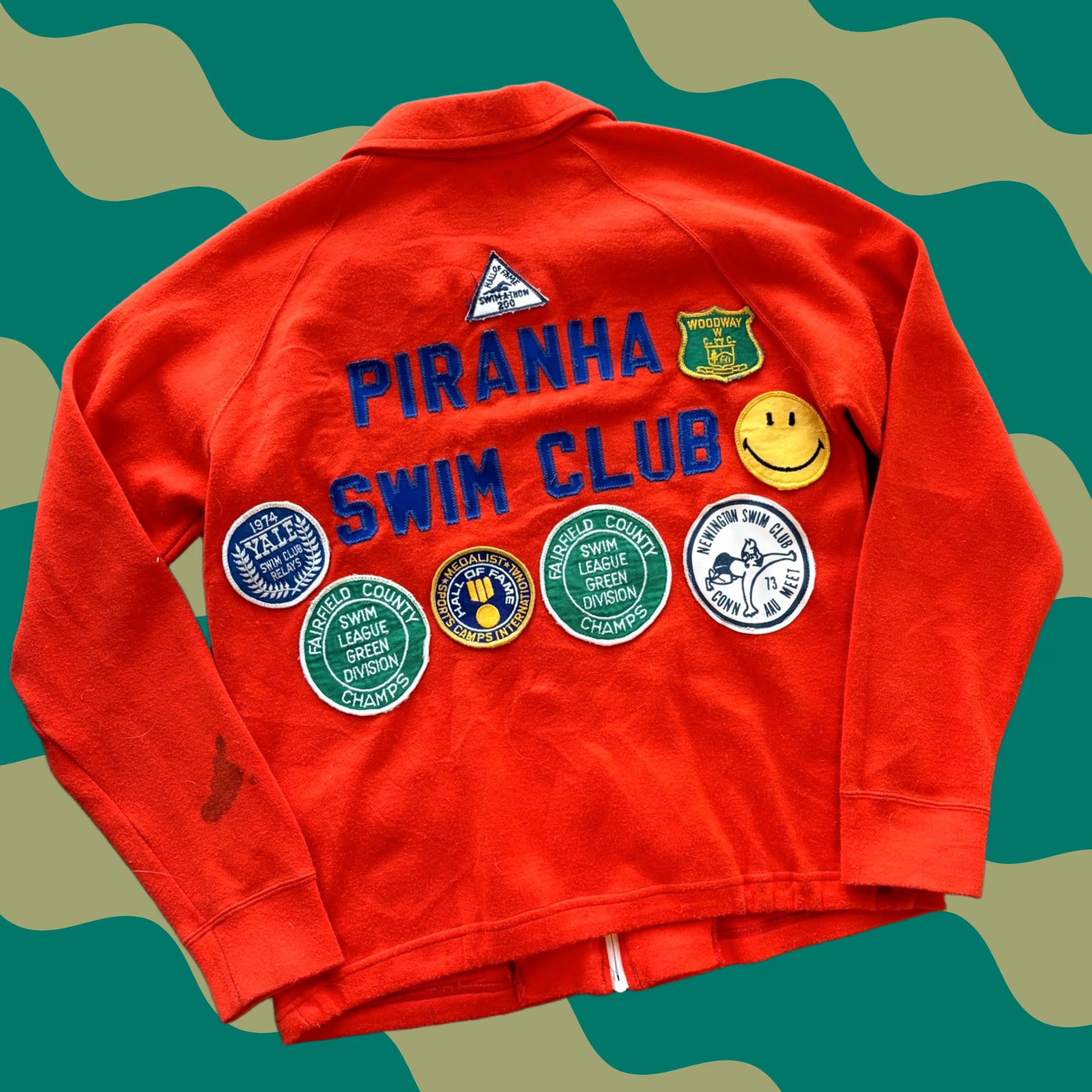 Swims VINTAGE Piranha Swim Club Team Varsity Jacket Yale HOF Patch Covered M Orange 1970's Men Size US M / EU 48-50 / 2 - 1 Thumbnail