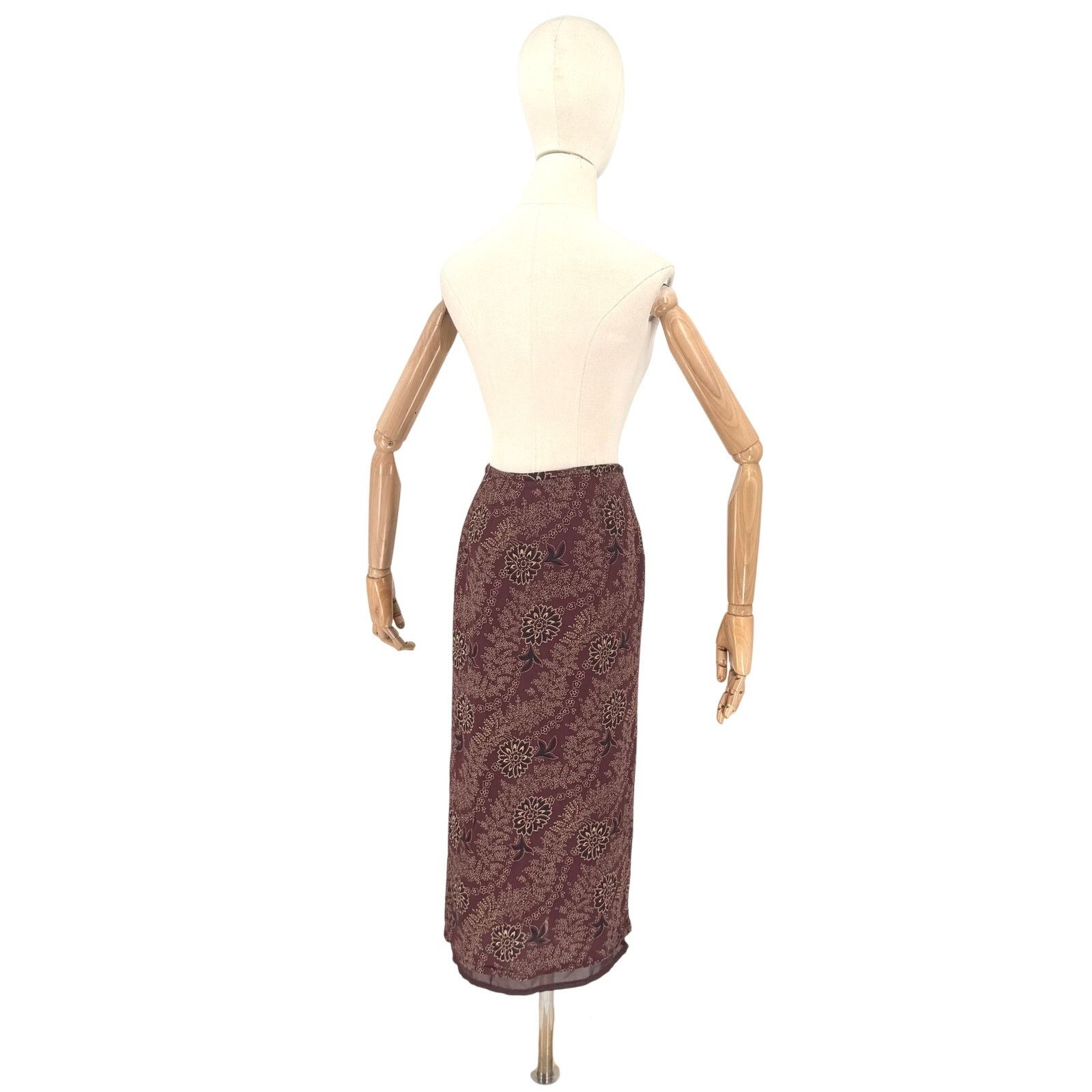 Ann Taylor Vintage 90s Maroon Tan Floral Rayon Boho Wrap Maxi Skirt Size 26" / US 2 / IT 38 - 4 Thumbnail