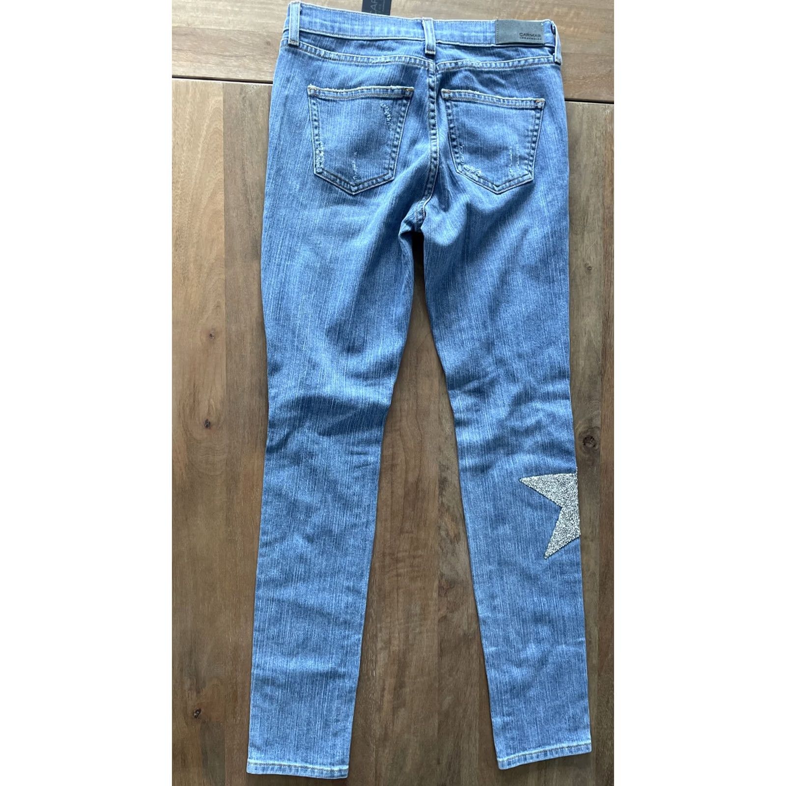Vintage Carmar Jeans Women 26x29 Distressed Rhinestone Star Blue Denim Stretch Slim Skinny Straight USA Size 26" / US 2 / IT 38 - 4 Thumbnail