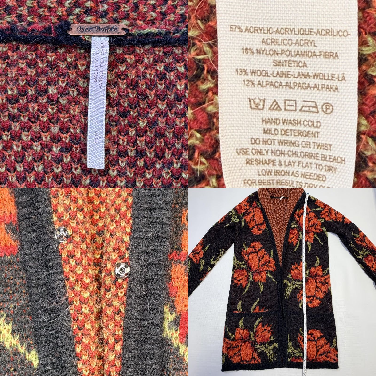 Free People Free People Sweater Cardigan Womens Small Black Floral Long Open-Front Alpaca Blend Boho Size S / US 4 / IT 40 - 8 Thumbnail
