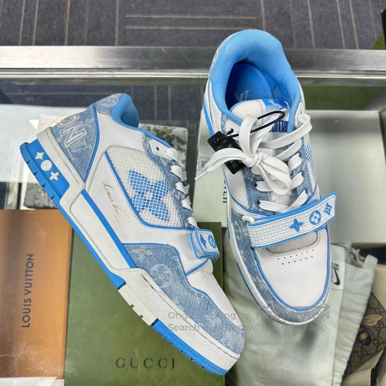 Louis Vuitton LV Trainer White Blue Denim Velcro. Size US 9 / EU 42 - 3 Thumbnail