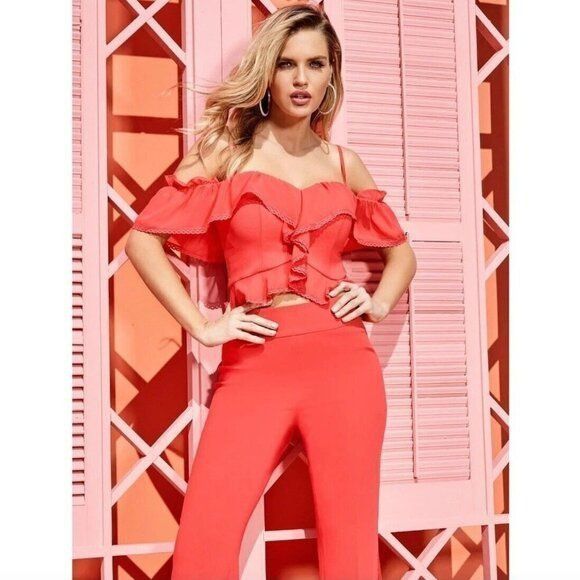 Designer Marciano Juliet Off-Shoulder Bustier Top XS NWT Hibiscus Red Size XS / US 0-2 / IT 36-38 - 2 Thumbnail