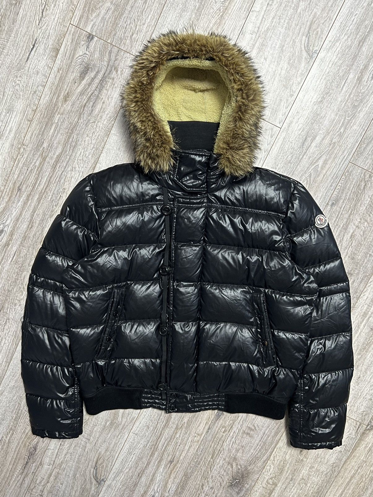 image of Moncler Jacket Down Puffer Veyle Giubbotto Fur Patch Logo in Black, Men's (Size 2XL)