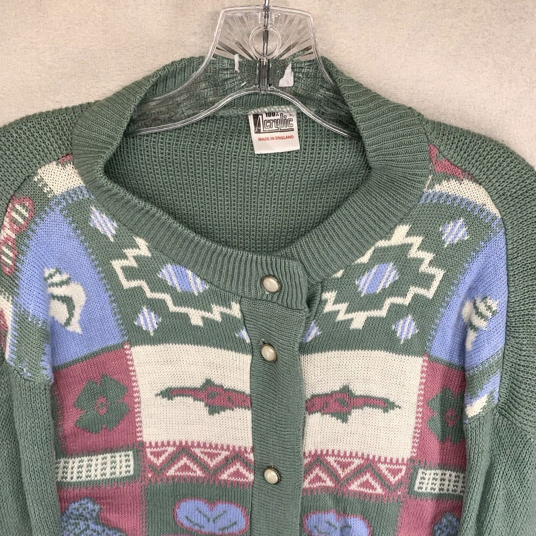 Nautica VINTAGE Womens Bay Green Chunky Knit Cardigan Sweater XL Geometric Pattern Breathable Casual Travel Nautical Bohemian London Style Acrylic Knit Size XL / US 12-14 / IT 48-50 - 4 Thumbnail