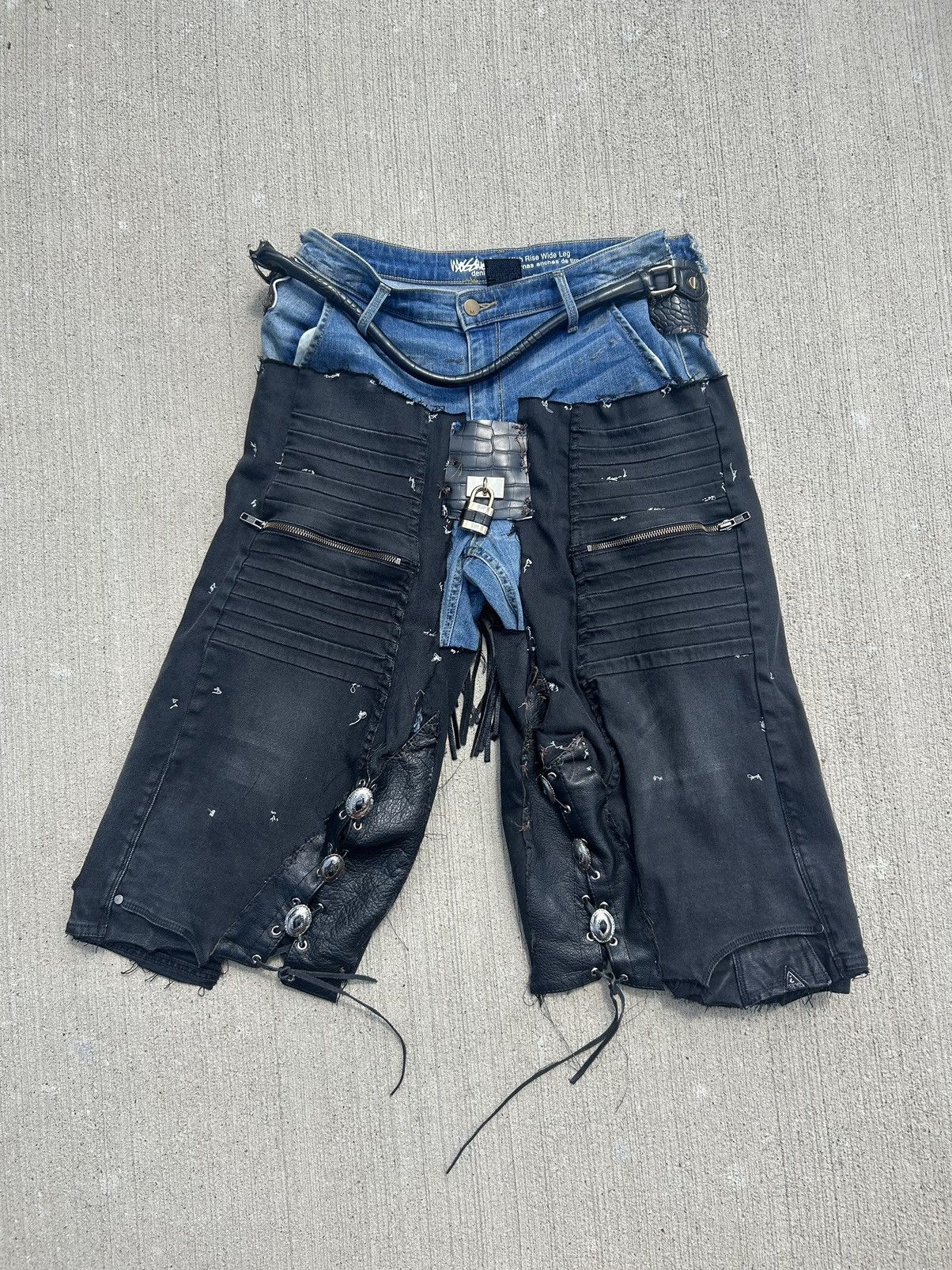 Other Black AbstractDenim Shorts Custom Made w/ Leather + Keylock Size US 34 / EU 50 - 1 Thumbnail