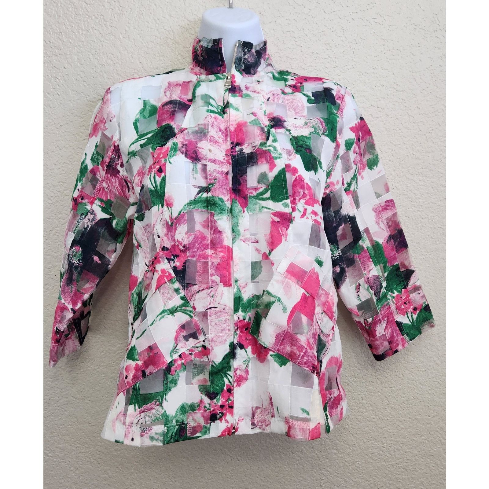 Other VTG Erin London Pink Green Floral Sheer Full Zip Blazer PS Size S / US 4 / IT 40 - 1 Thumbnail