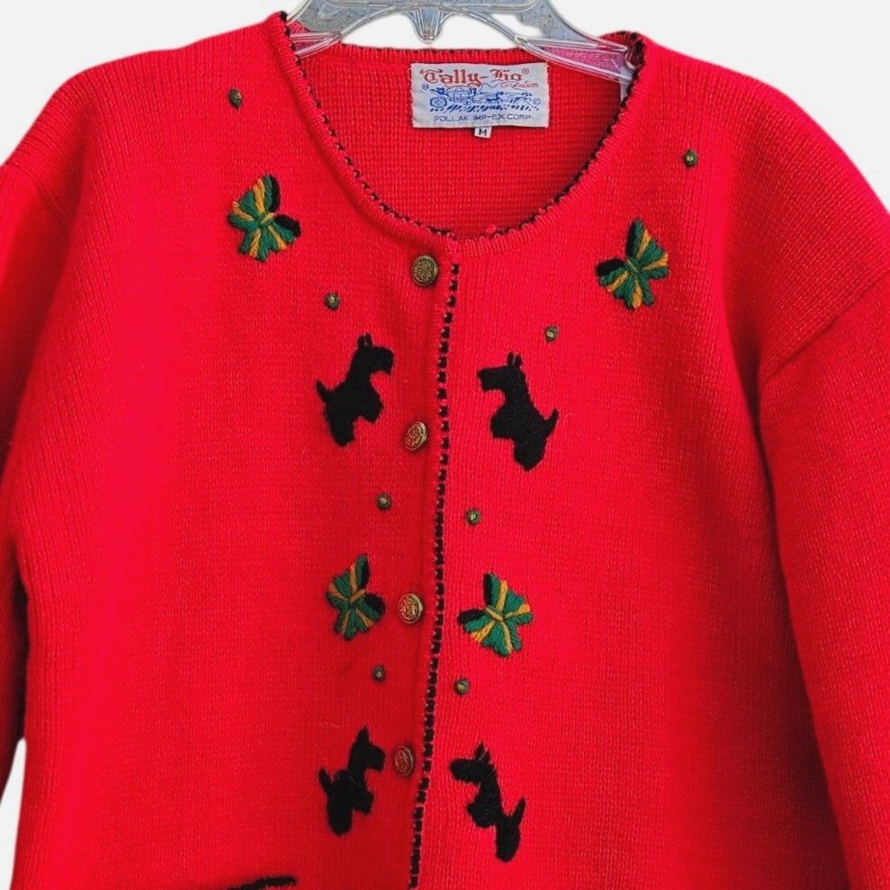 Vintage 80s Scottie Dog Cardigan Red Embroidered Knit Vintage Novelt Size M / US 6-8 / IT 42-44 - 8 Thumbnail