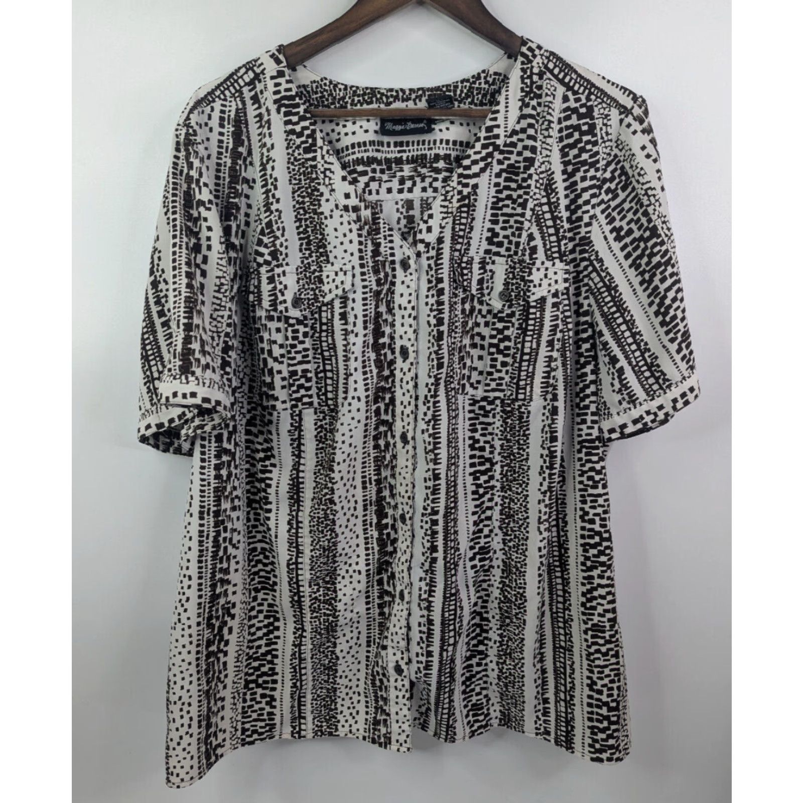 Vintage Maggie Barnes Shirt 1X Brown V Neck Button Front Patterned Tunic Short Sleeve Women Plus Size XL / US 12-14 / IT 48-50 - 3 Thumbnail
