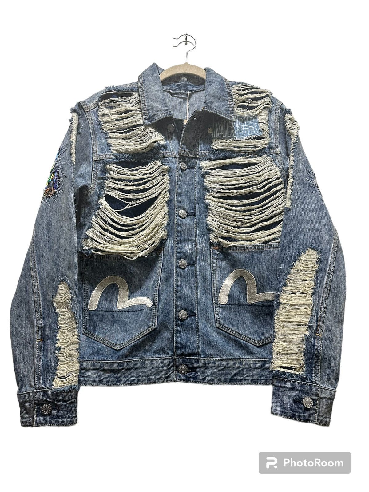 image of Ev Bravado x Evisu Who Decides War Denim Jacket in Blue, Men's (Size Small)