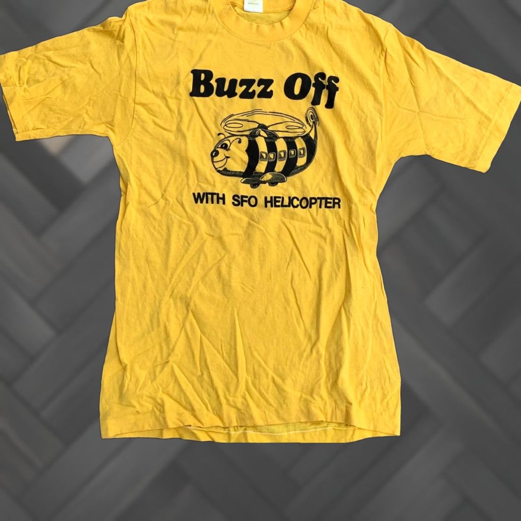 Vintage VINTAGE Belton T-Shirt Buzz Off With SFO Helicopter Graphic Bee 100% Cotton Crew Neck Short Sleeve L Mens Yellow 1970s Size US L / EU 52-54 / 3 - 1 Thumbnail