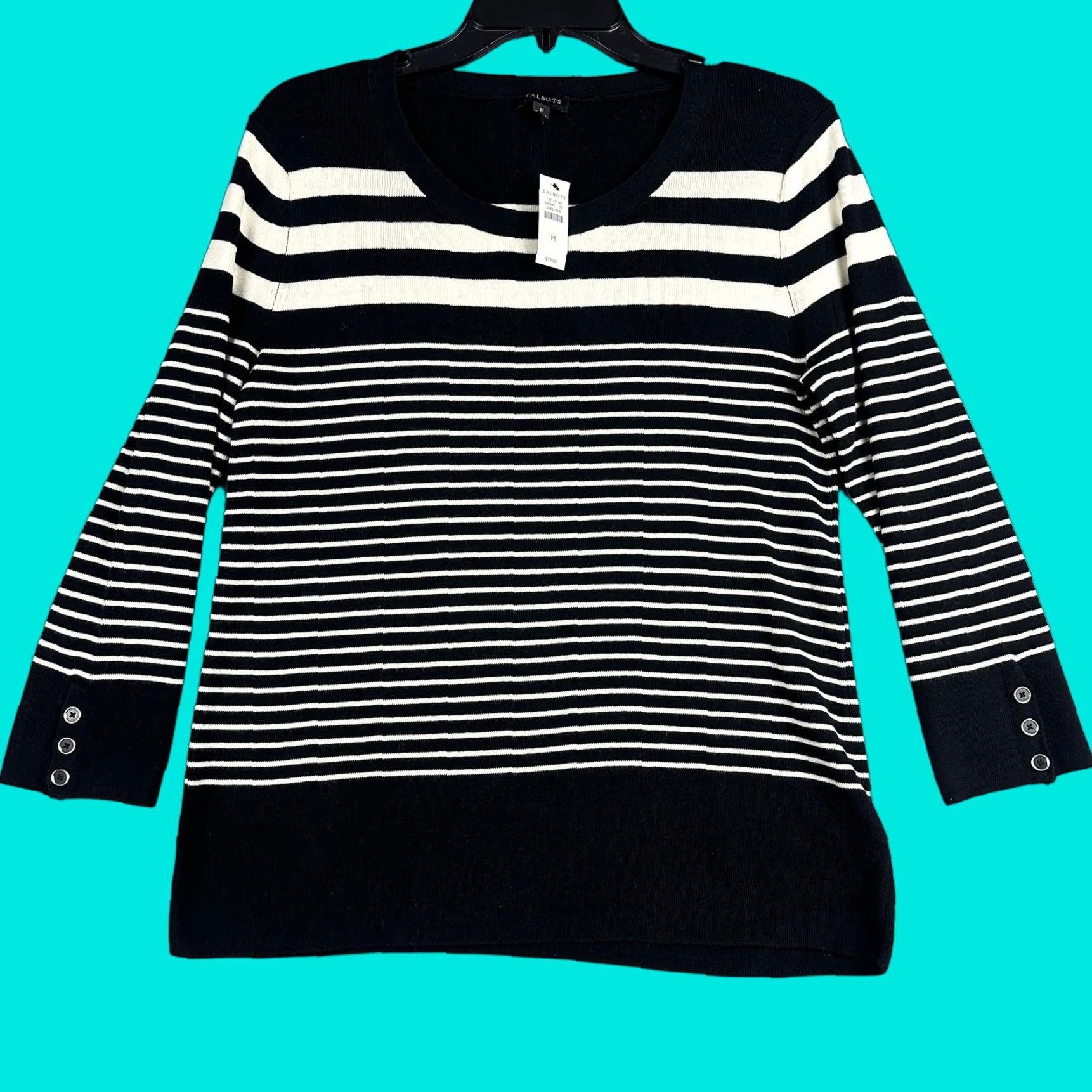 Talbots Talbots Sweater Womens Medium Blue Striped 3/4 Sleeve Button Cuff Knit Pullover Size M / US 6-8 / IT 42-44 - 1 Thumbnail
