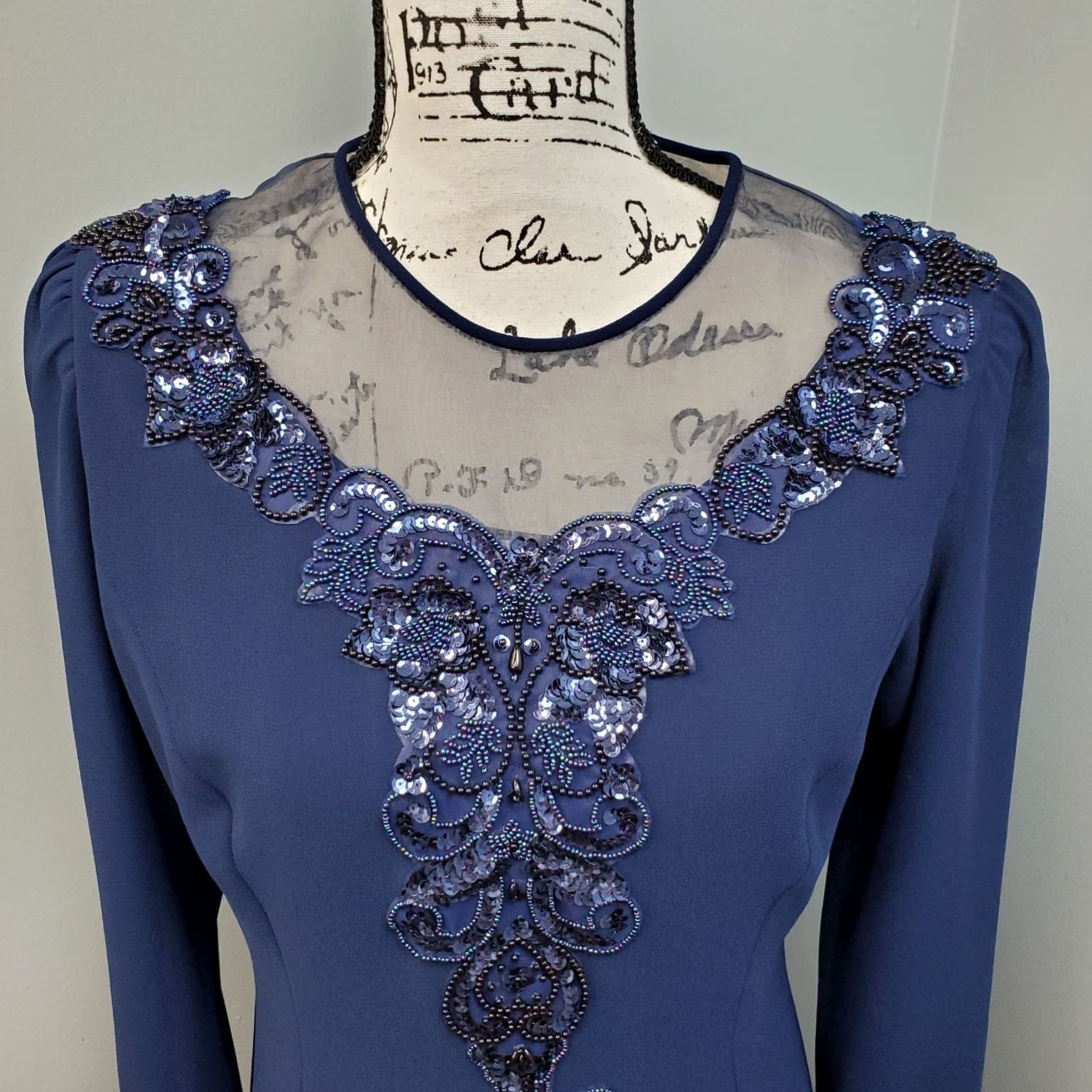 Vintage Ursula Dress Womens 6P Navy Beaded Embellished Shoulder Pads Back Zip Midi Dress Size M / US 6-8 / IT 42-44 - 3 Thumbnail