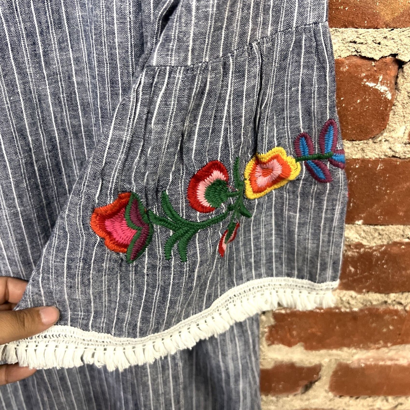 Vintage Beach Lunch Lounge Dress Womens Blue Striped Over Shoulder Embroidered Small Short Linen V-Neck Sundress Mini Casual Summer Women Size S / US 4 / IT 40 - 2 Thumbnail