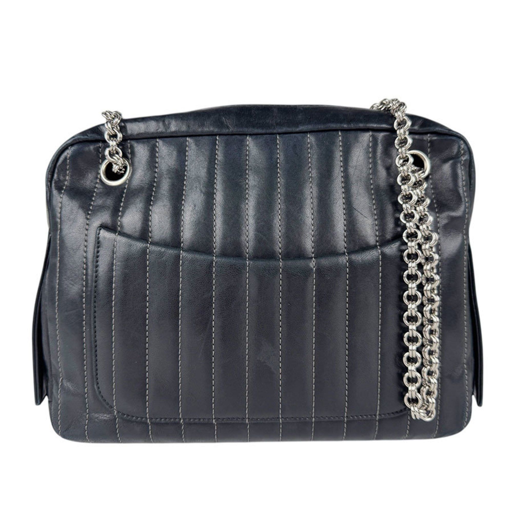 Chanel Shoulder Bag Leather Metal Black Silver Women's Z5081