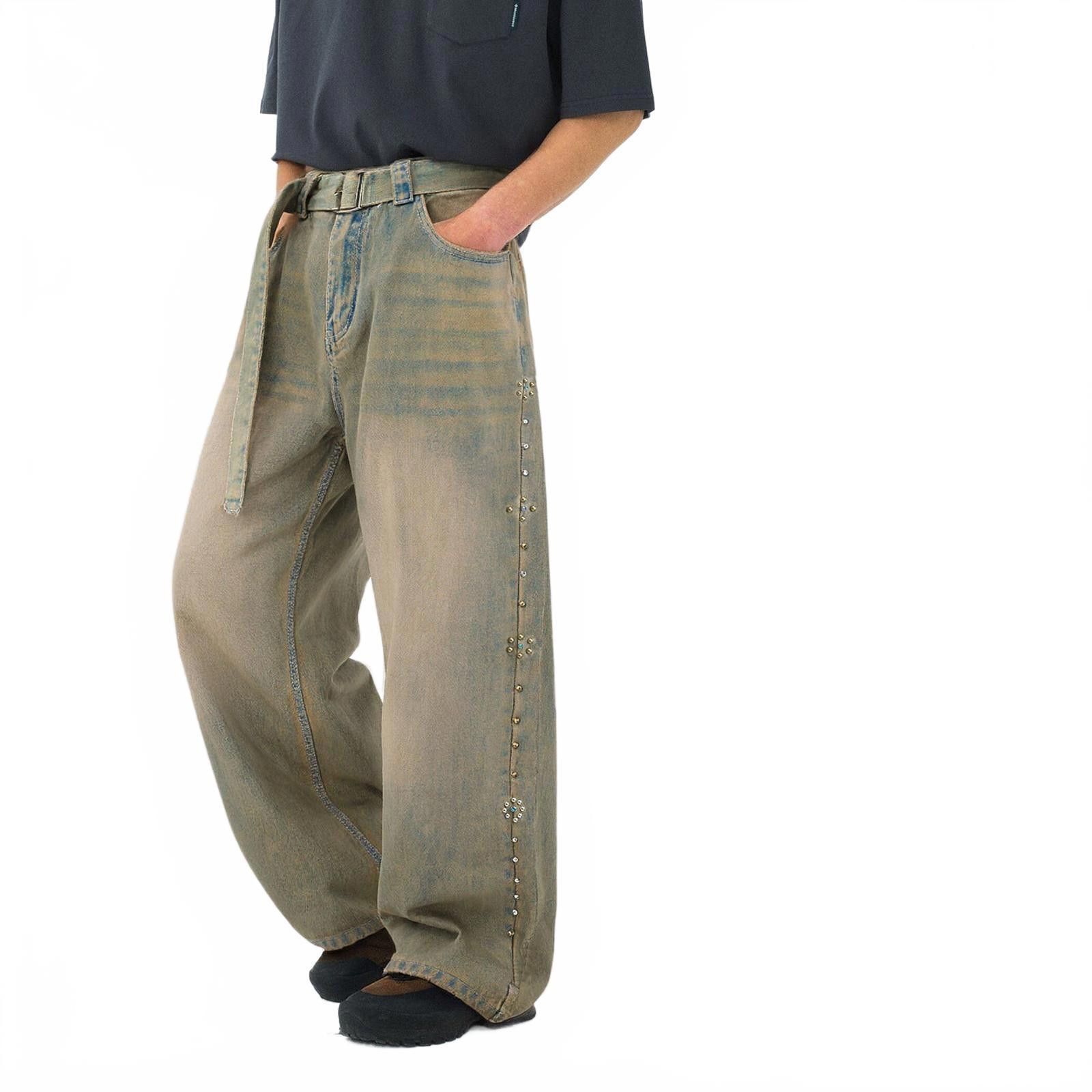 Jean Knit-Belt Washed Straight Stud Embellished Denim Jeans Size US 32 / EU 48 - 1 Thumbnail